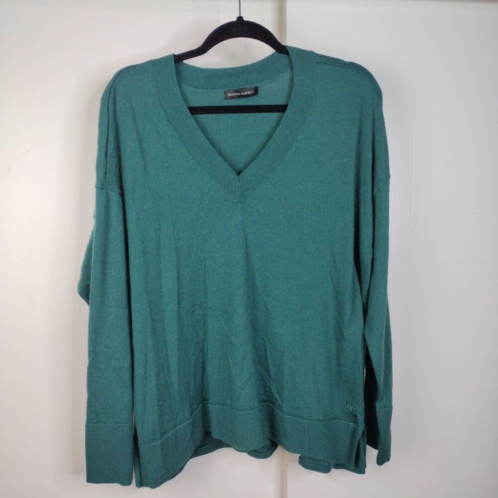 Banana Republic Sweater Womens Size XL Green Merino Wool V-Neck Stretch